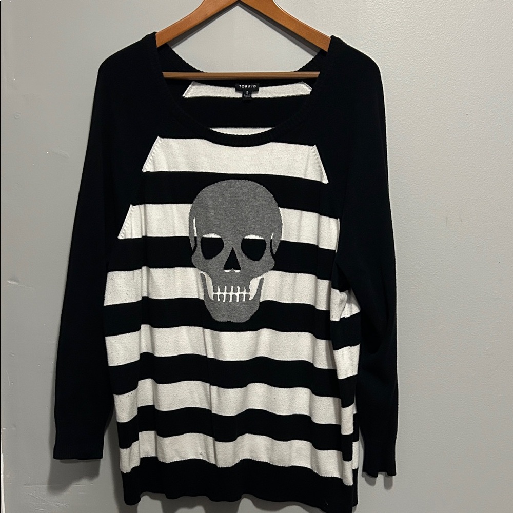 Torrid Black & White Striped Sweater with Skull Print Edgy, Comfortable